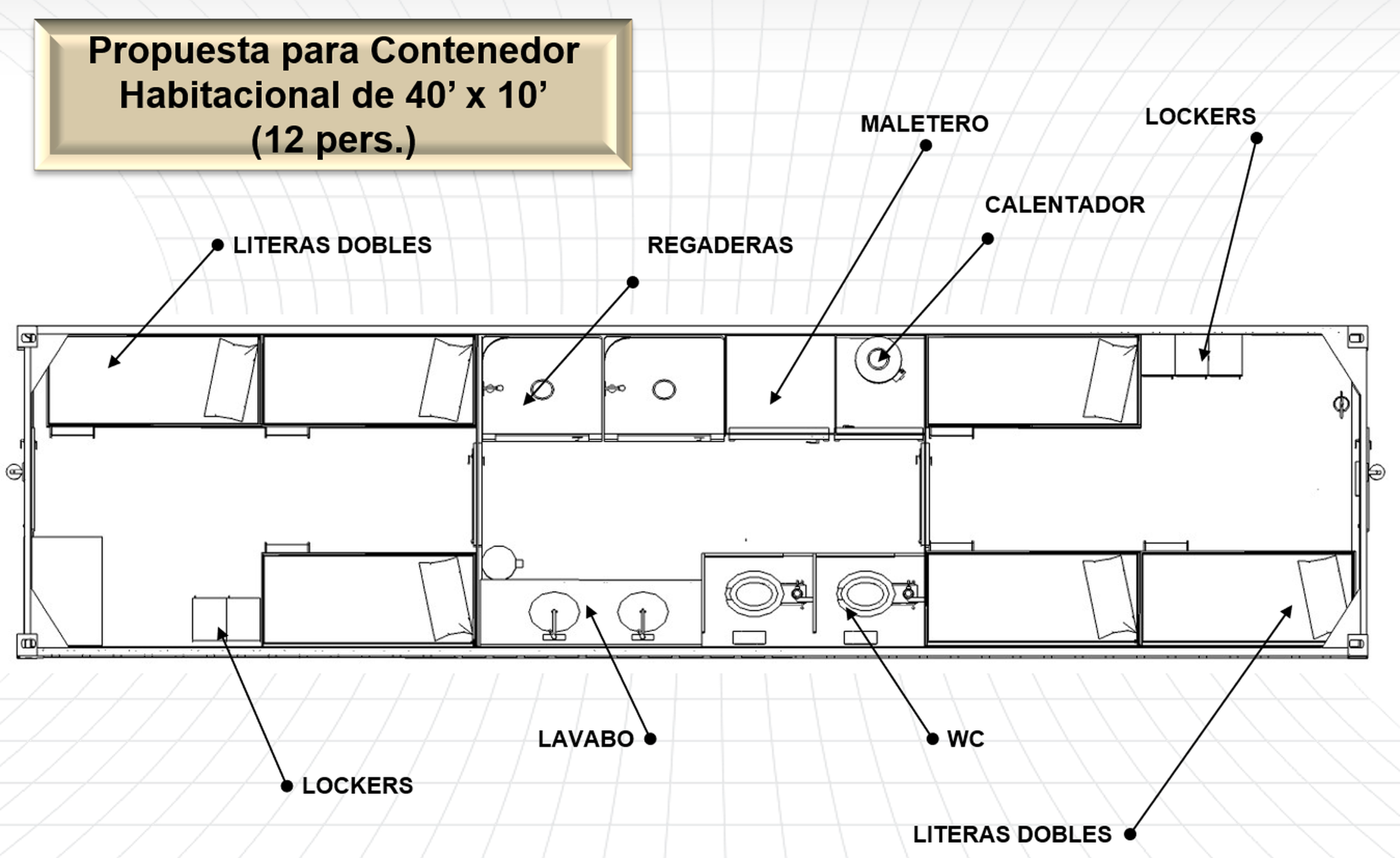 Plano de contenedor habitacional con distribución interior